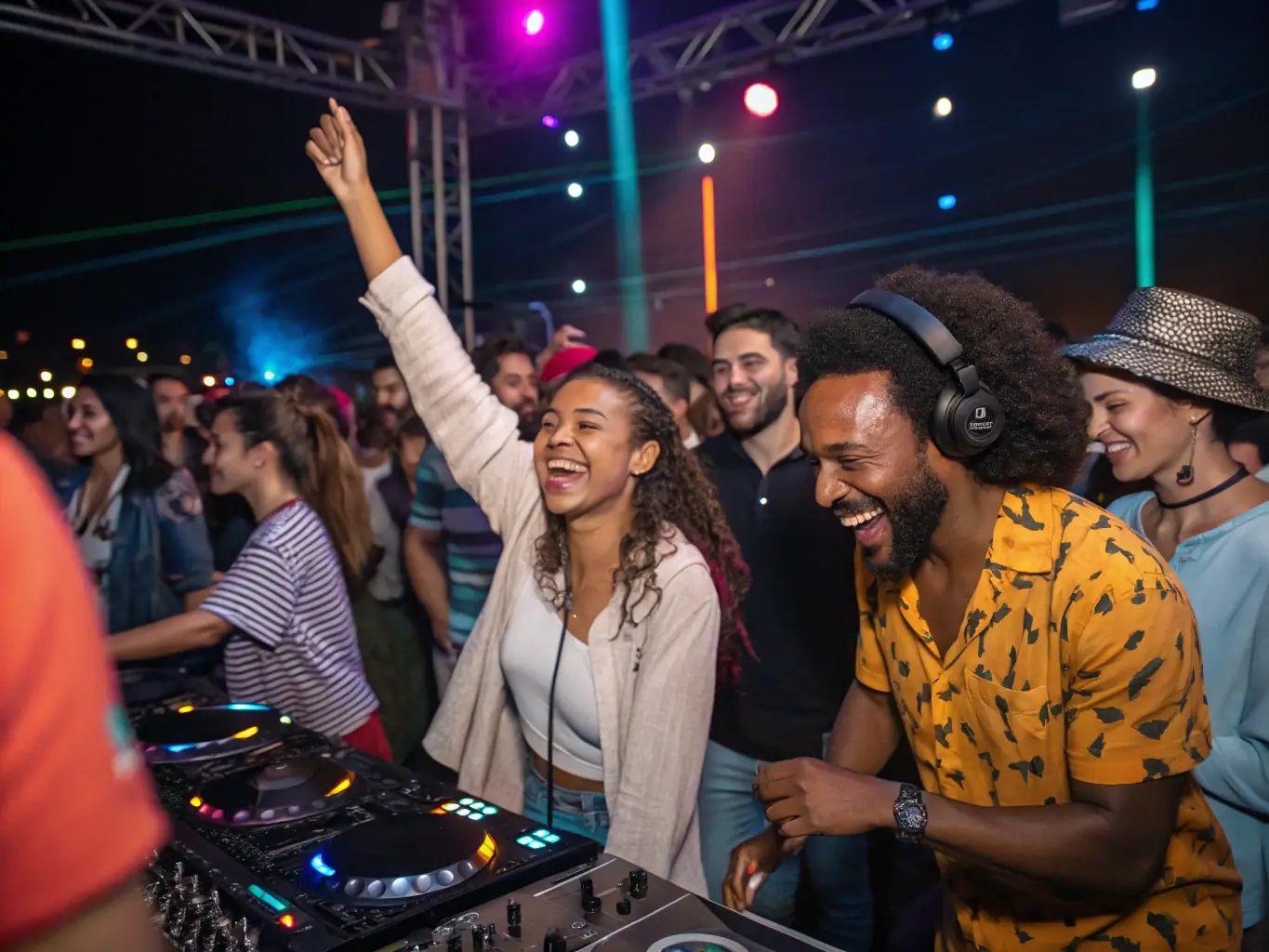A vibrant photograph capturing the energy of a live hip-hop performance at a concert venue, with a DJ in the background and a crowd of enthusiastic fans in the foreground.