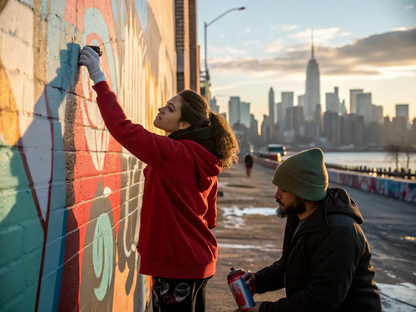 A dynamic image of a graffiti art workshop, showing participants creating colorful murals under the guidance of an experienced street artist.
