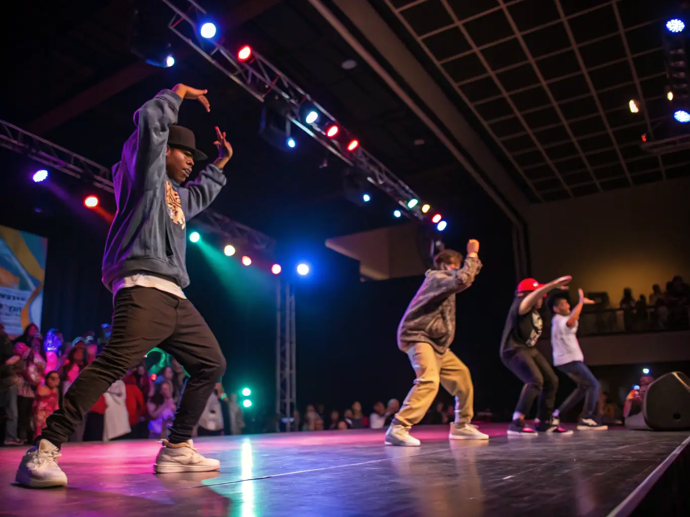 A vibrant image of a hip-hop cultural event organized by EXPLORAPPEUR, featuring a DJ, dancers, and a diverse crowd enjoying the music and atmosphere.