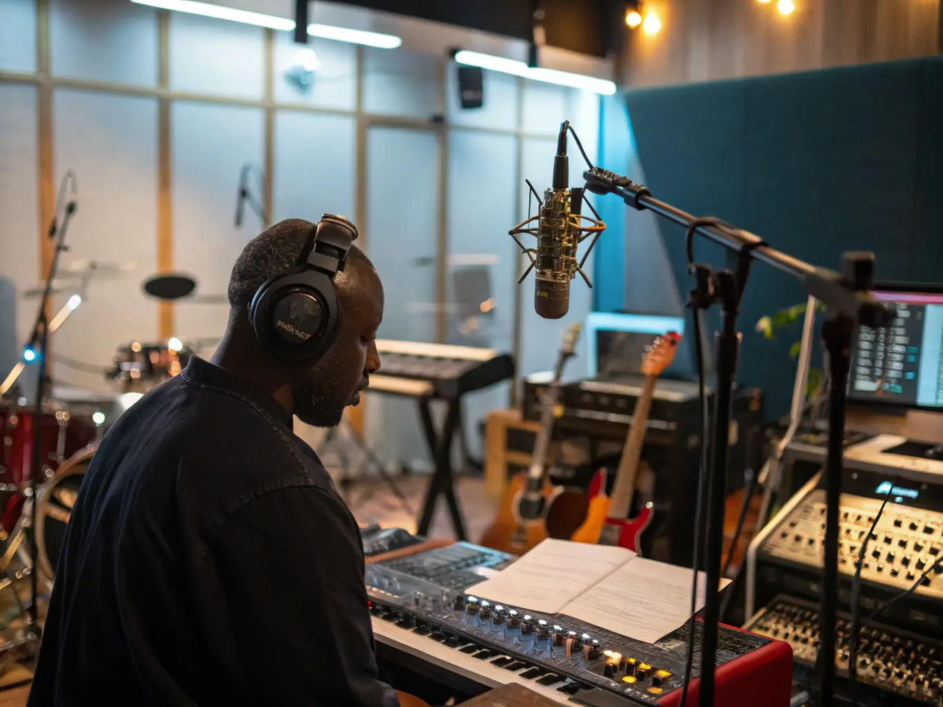 A photo of a young artist in a recording studio, receiving guidance from a mentor, symbolizing EXPLORAPPEUR's commitment to artist development and support.