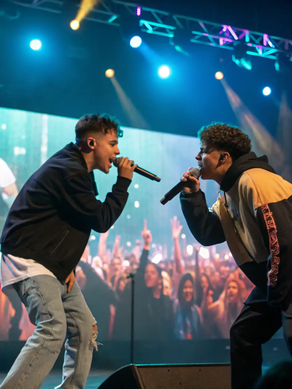 A vibrant photo of a young hip-hop artist performing on stage at an EXPLORAPPEUR event, showcasing the energy and talent the organization supports. The artist is rapping with passion, and the crowd is engaged and enthusiastic.